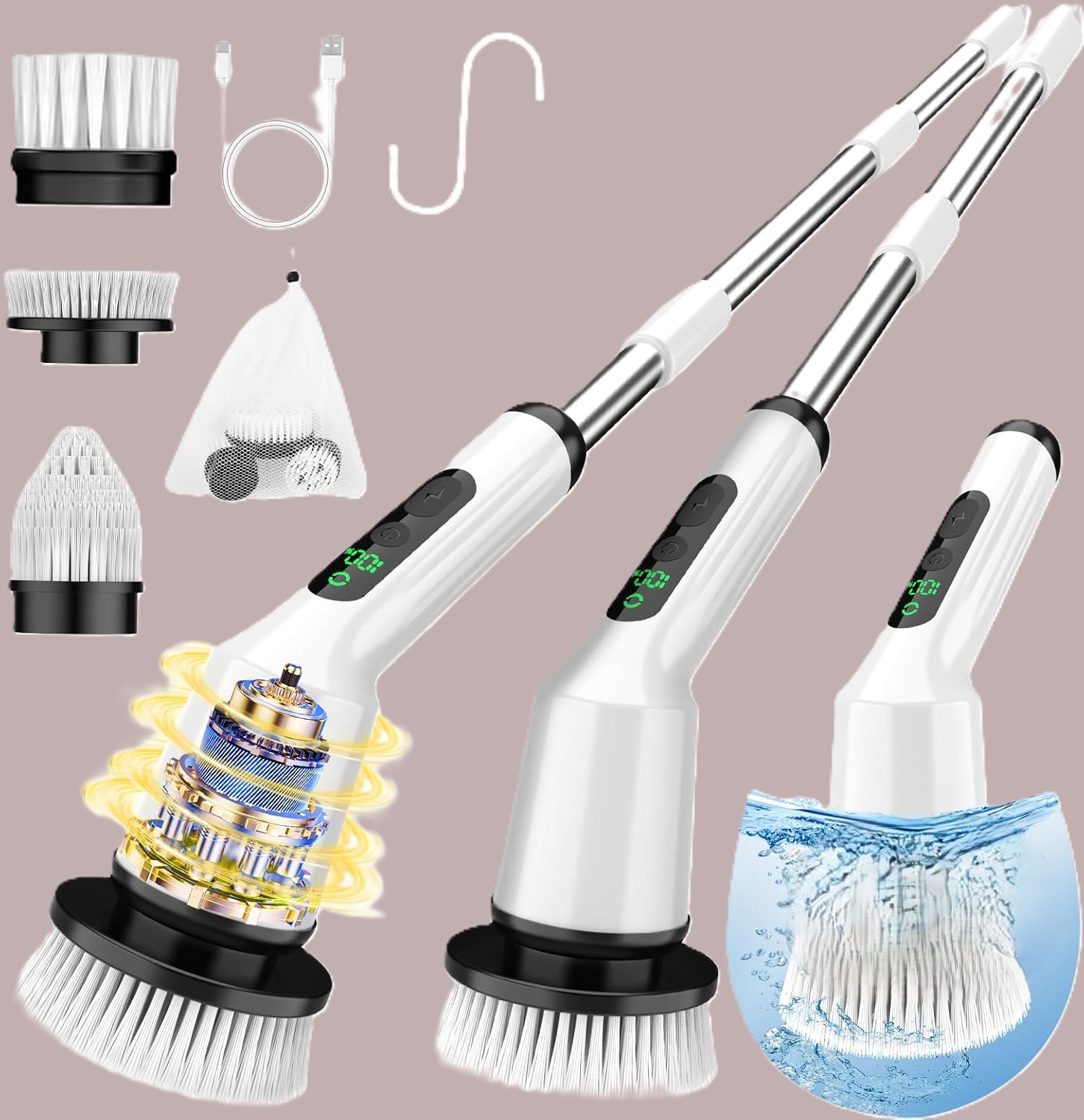 electric spin scrubber for cleaning bathroom, shower scrubber rotary floor brushes with ipx7 waterproof & 2 speed, 3 brush heads, bathroom cleaning supplies for toilet shower tub black