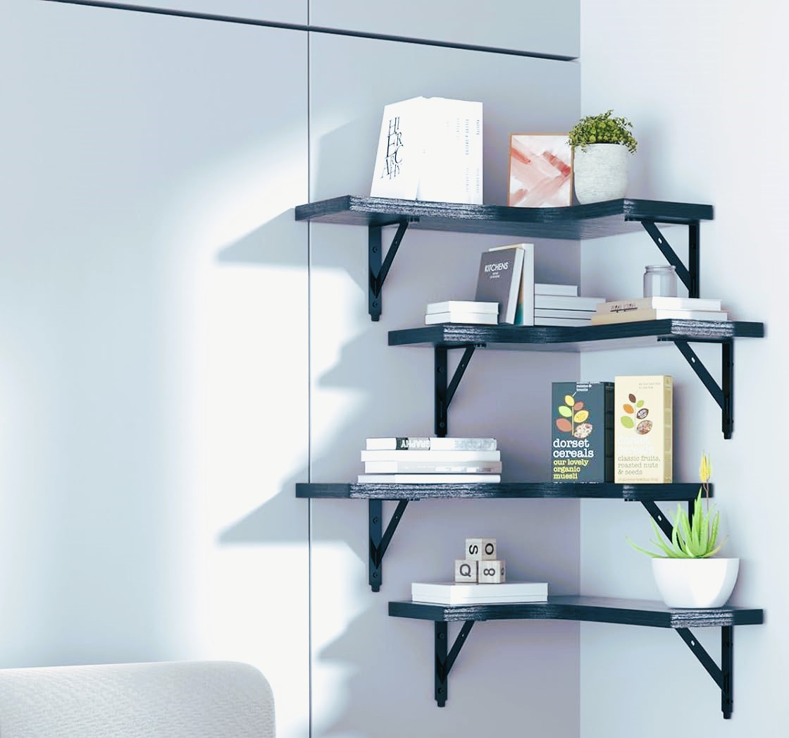 corner floating shelves wall mounted set of 4, rustic wood storage display wall shelves for home decor, bathroom, kitchen, bedroom, living room, office (black)