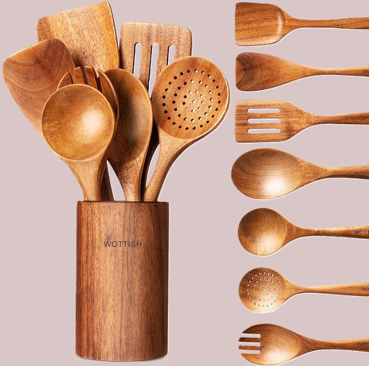 wooden spoons for cooking 8 piece wooden kitchen utensil set made of natural solid wood material includes spoons,spatulas,ladles,mixing spoon and utensil holder,valentine's day gifts