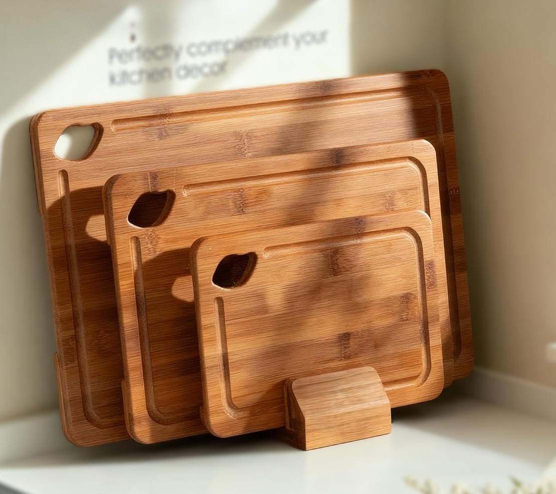 astercook deep carbonized bamboo cutting boards for kitchen with wood storage stand, reversible charcuterie & chopping boards with juice grooves and easy grip handles, knife friendly, kitchen gift